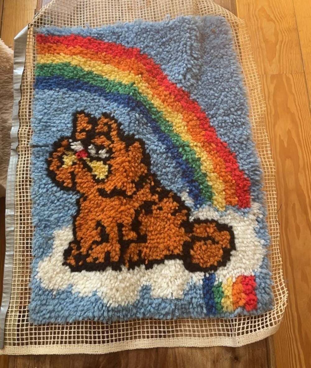 Vintage Garfield Latch Hook Wall Hanging Rug Rainbow Cloud